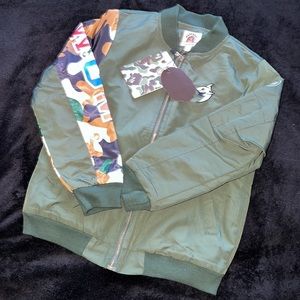 Bape Kids Olive Green Bomber Jacket with Multi Camo Sleeve